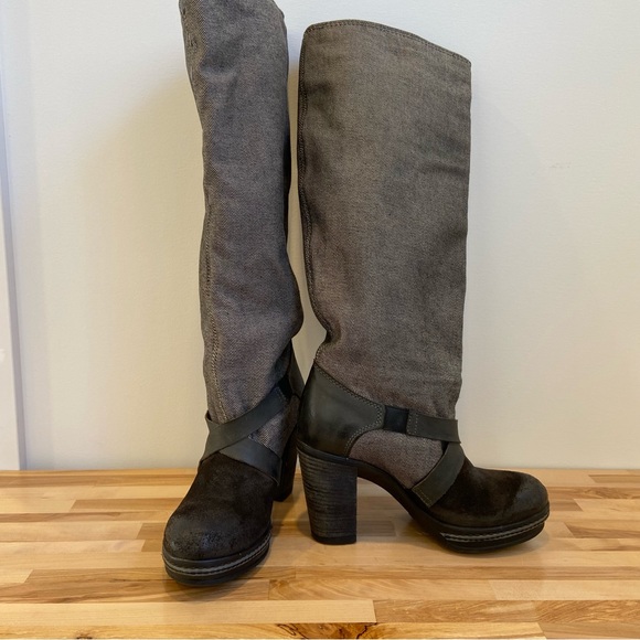 Western Diesel heeled platform boot distressed leather black grey denim harness - Picture 6 of 16